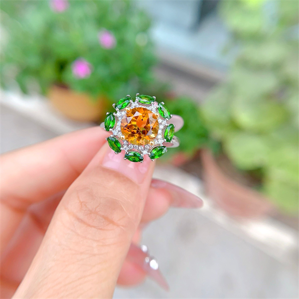 ZECAA Silver Ring With Natural Citrine Diopside Stone